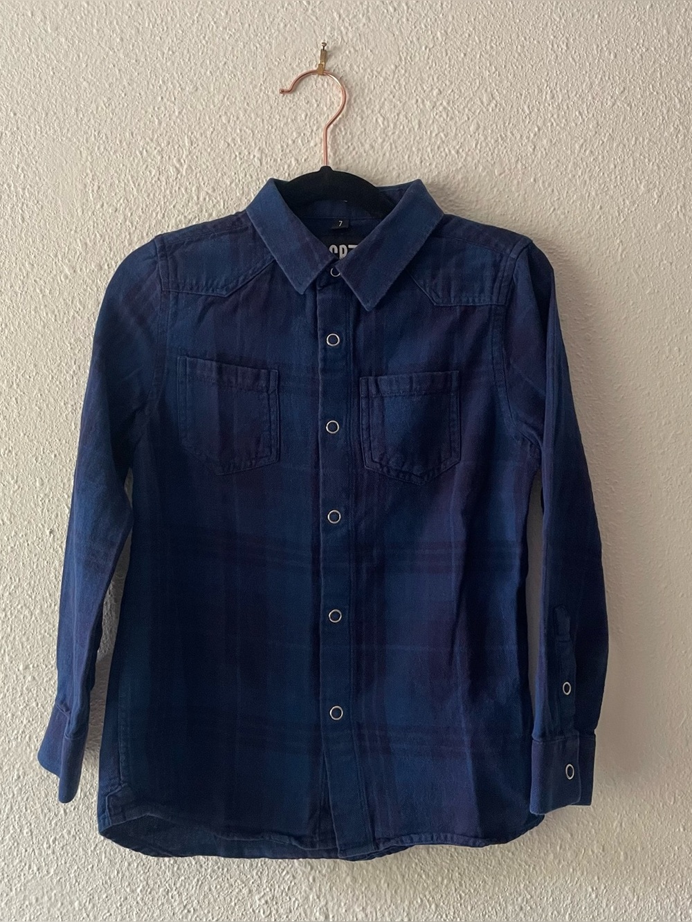 CR7 Cristiano Ronaldo Boys Blue Plaid Snap Front Shirt Size 7 100% Cotton